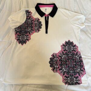 EP Pro Women's White Short Sleeve Polo with Pink & Black Medallion Print